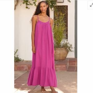 by Anthropologie Malika Gauze Maxi Dress Pink Crinkle Cotton Tiered 1X XL Resort